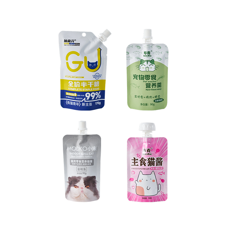 Bolsa con pico de comida para mascotas (comida / snacks para gatos, 90 g – 170 g)
